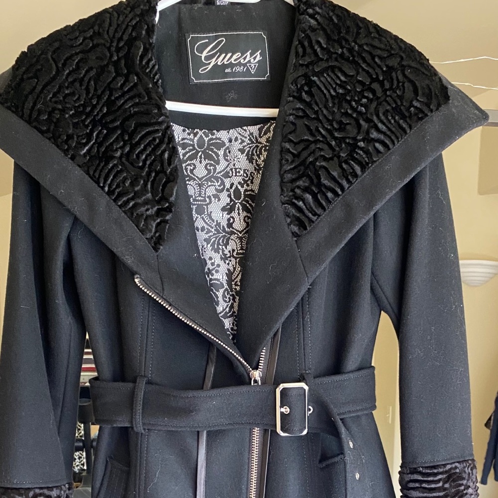 Guess Faux Fur Trim Belt Coat